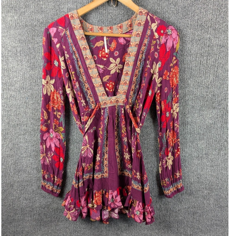 Free People Mini Dress Violet Hill Plum Purple Boho Tunic Ruffle Hem Size S Top